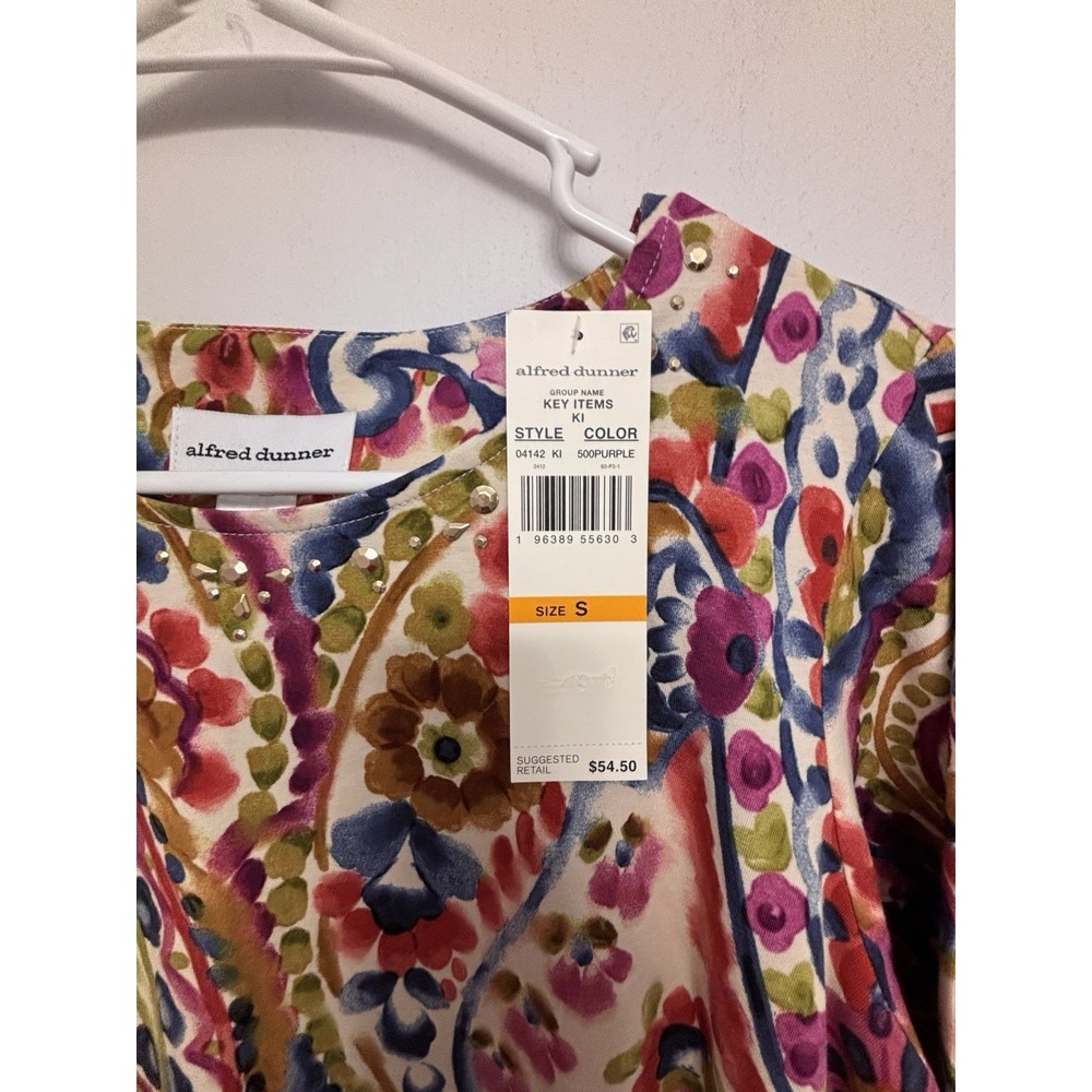 NWT Alfred Dunner Small Paisley Red Blue 3/4 Sleeve Blouse 40x25 Beaded Neck - Picture 6 of 10